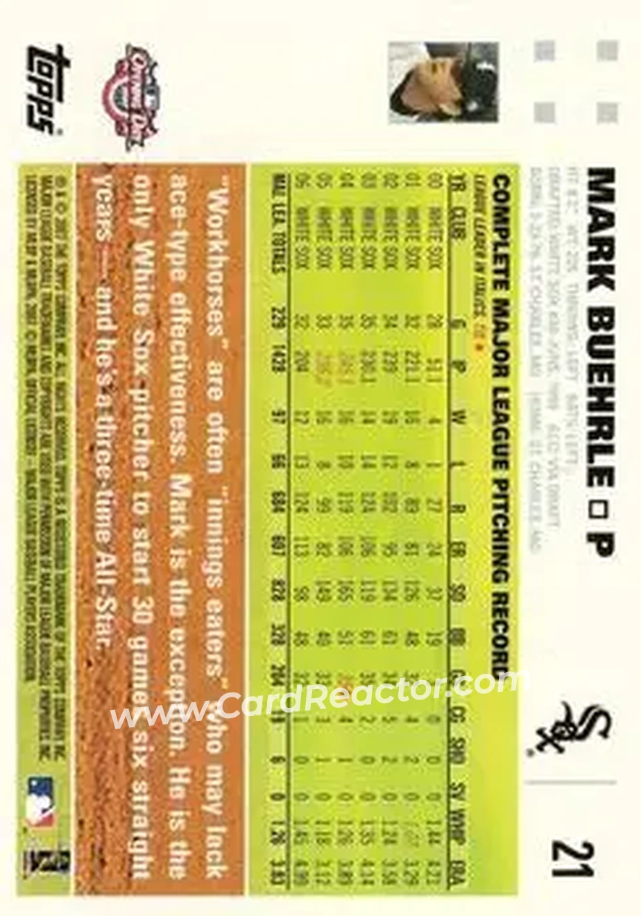 2007 Topps Opening Day #21 - Mark Buehrle - Chicago White Sox - Back 2007 Topps Opening Day #21 - Mark Buehrle - Chicago White Sox - Back