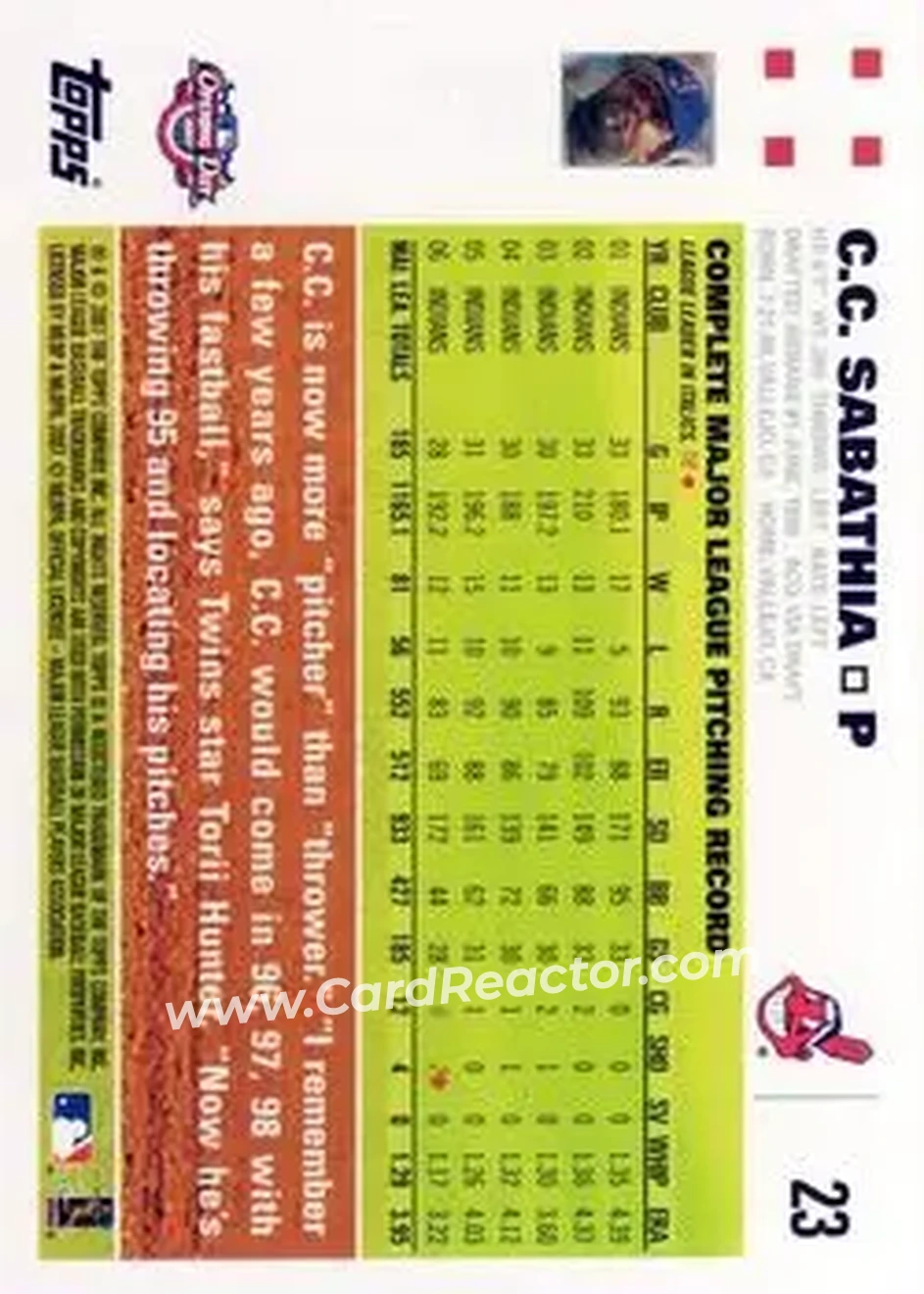 2007 Topps Opening Day #23 - CC Sabathia - Cleveland Indians - Back 2007 Topps Opening Day #23 - CC Sabathia - Cleveland Indians - Back