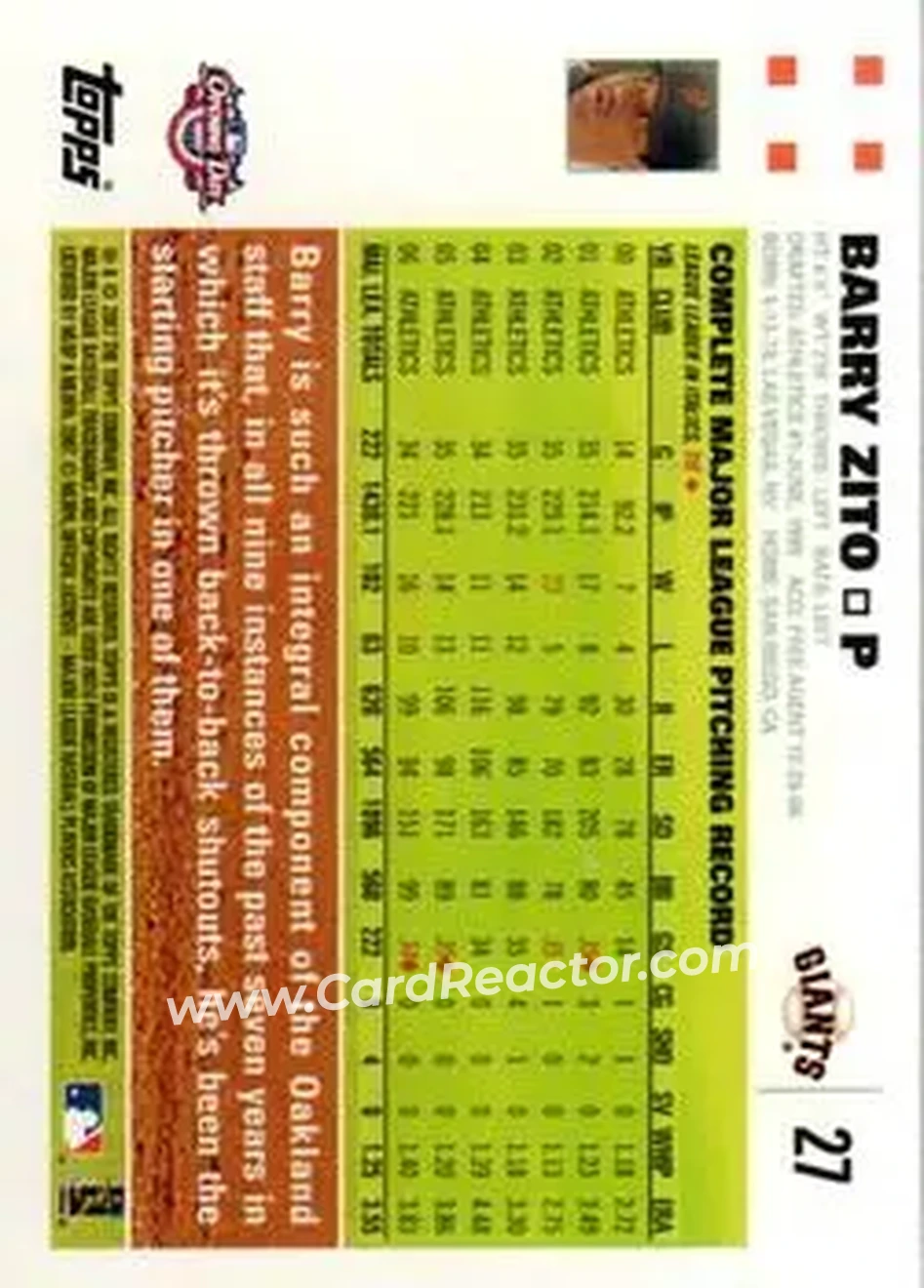 2007 Topps Opening Day #27 - Barry Zito - San Francisco Giants - Back 2007 Topps Opening Day #27 - Barry Zito - San Francisco Giants - Back