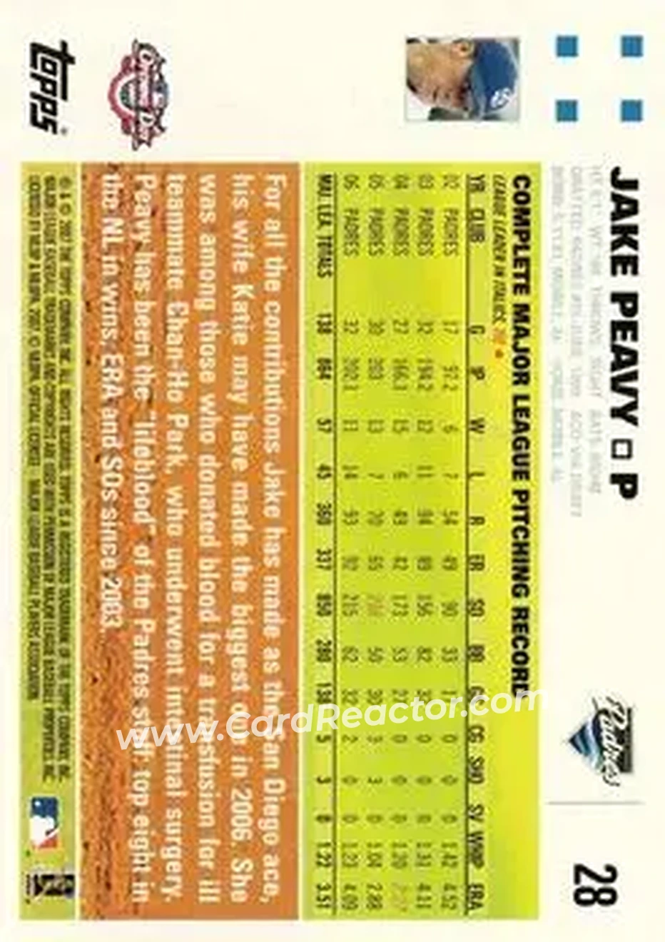 2007 Topps Opening Day #28 - Jake Peavy - San Diego Padres - Back
