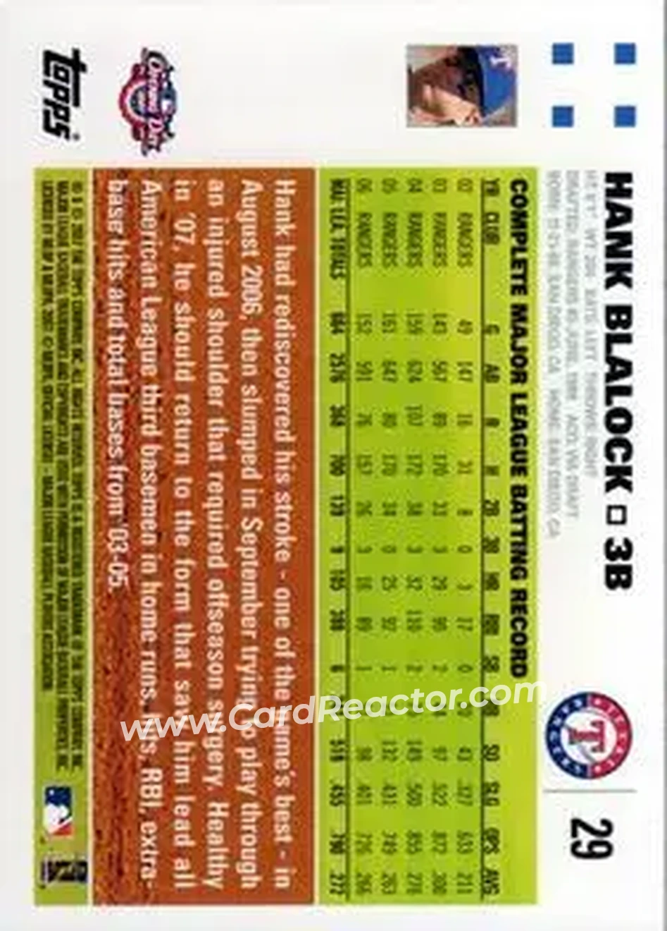 2007 Topps Opening Day #29 - Hank Blalock - Texas Rangers - Back
