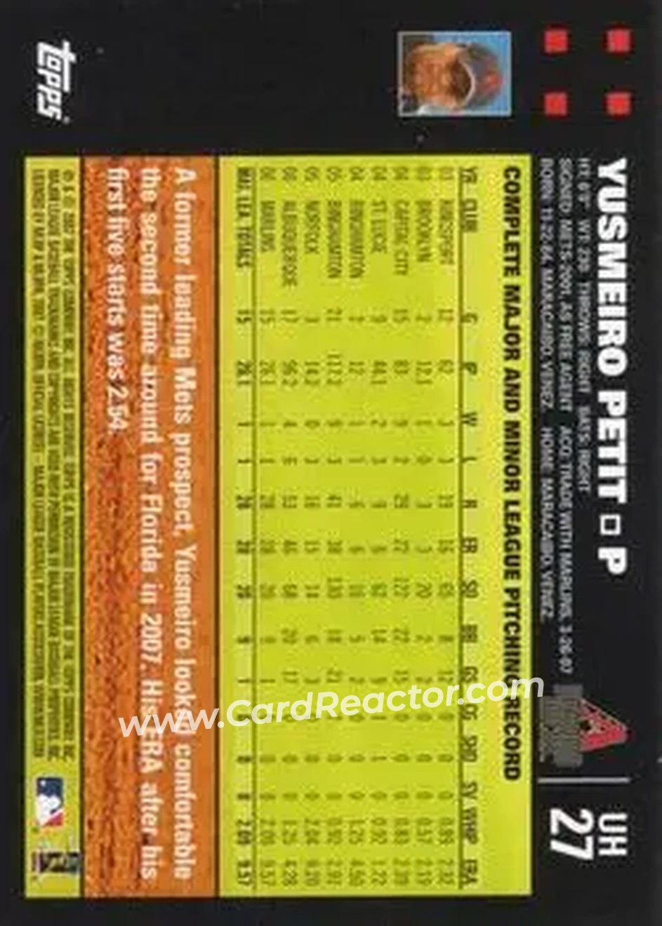 2007 Topps Updates & Highlights #UH27 - Yusmeiro Petit - Arizona Diamondbacks - Back