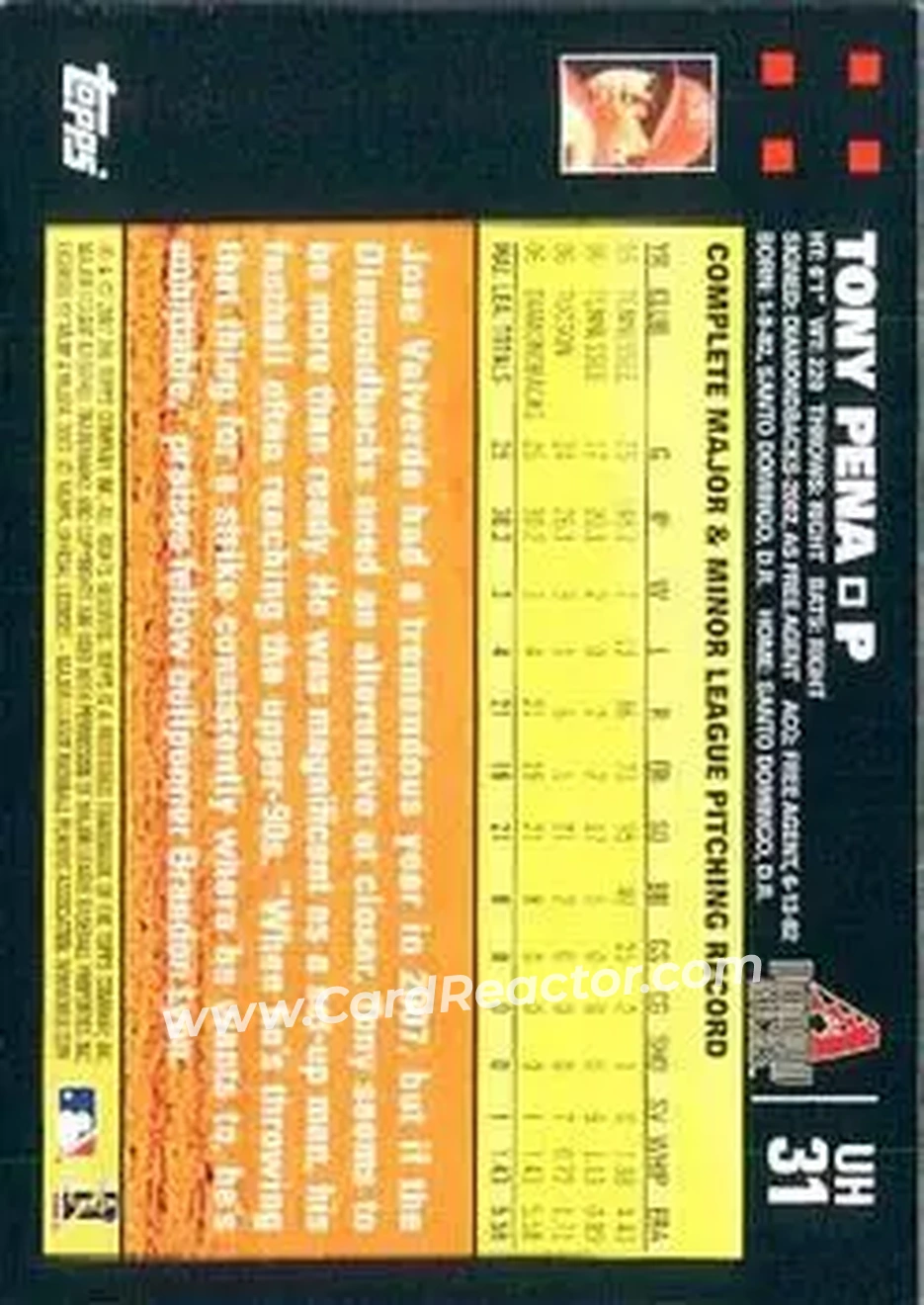 2007 Topps Updates & Highlights #UH31 - Tony Pena - Arizona Diamondbacks - Back