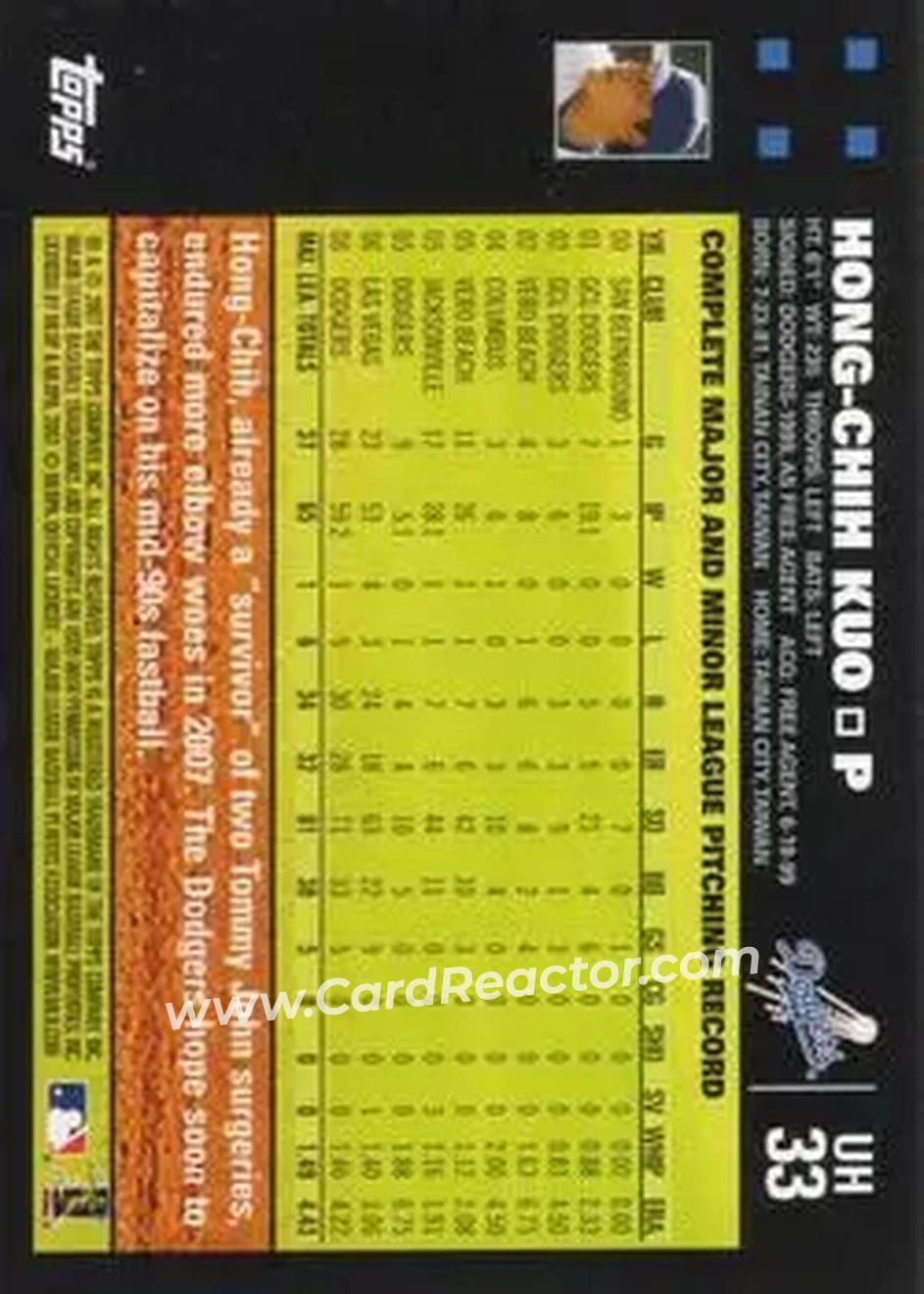 2007 Topps Updates & Highlights #UH33 - Hong-Chih Kuo - Los Angeles Dodgers - Back 2007 Topps Updates & Highlights #UH33 - Hong-Chih Kuo - Los Angeles Dodgers - Back
