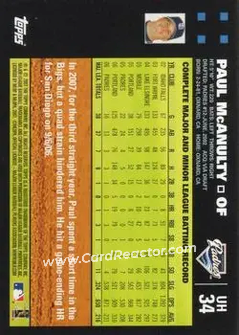 2007 Topps Updates & Highlights #UH34 - Paul McAnulty - San Diego Padres - Back