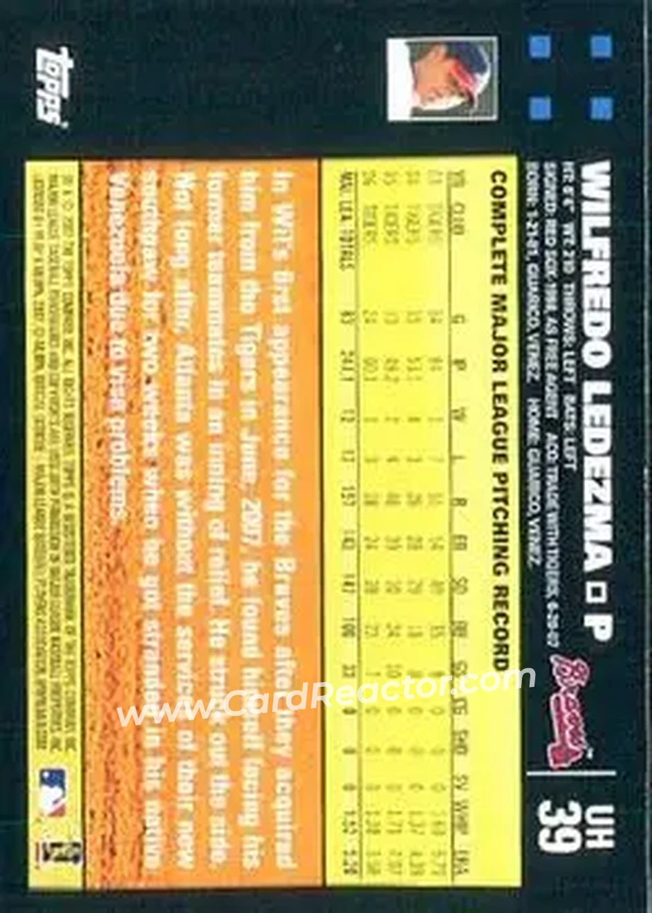 2007 Topps Updates & Highlights #UH39 - Wilfredo Ledezma - Atlanta Braves - Back 2007 Topps Updates & Highlights #UH39 - Wilfredo Ledezma - Atlanta Braves - Back