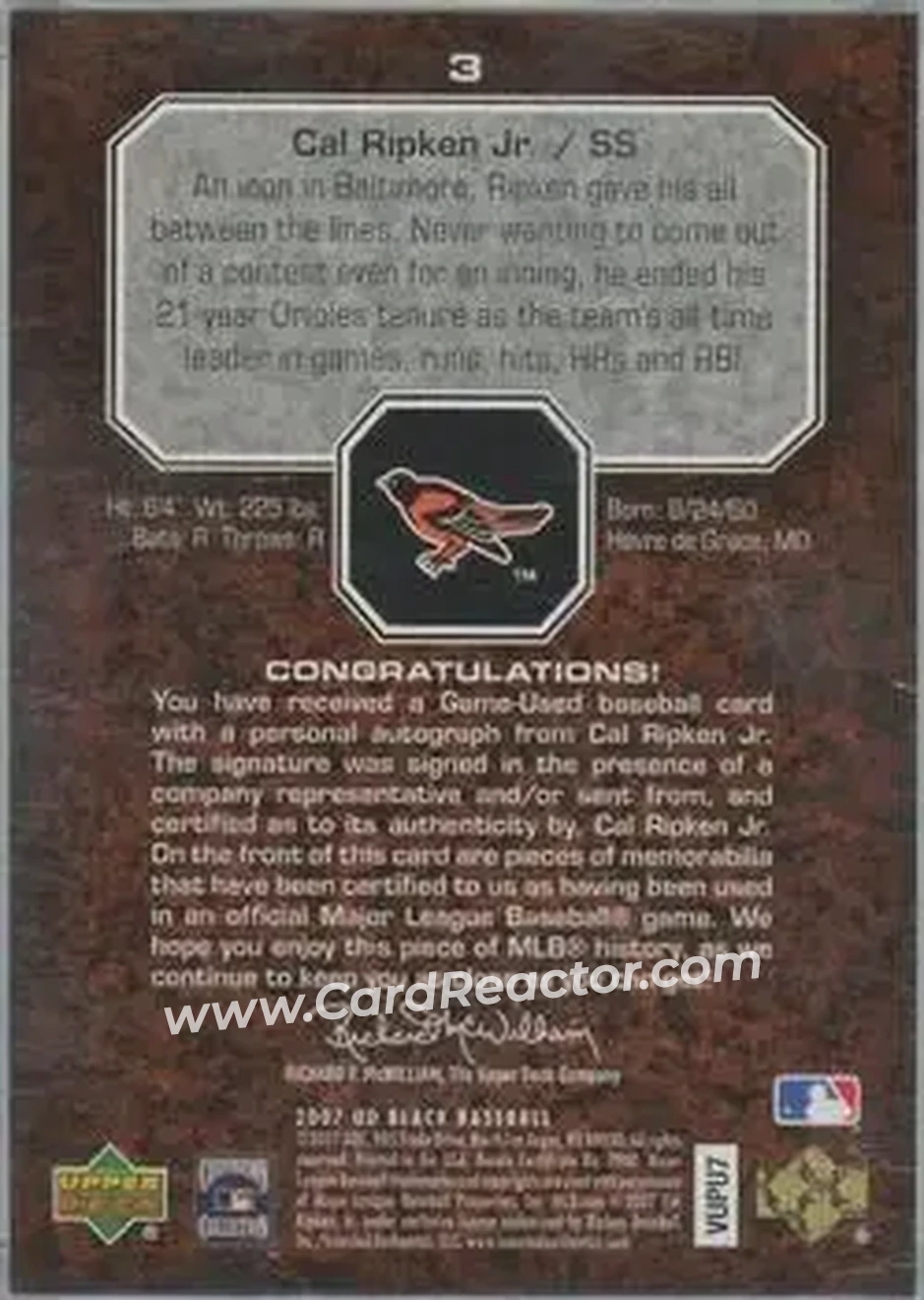 2007 UD Black #3 - Cal Ripken - Baltimore Orioles - Back