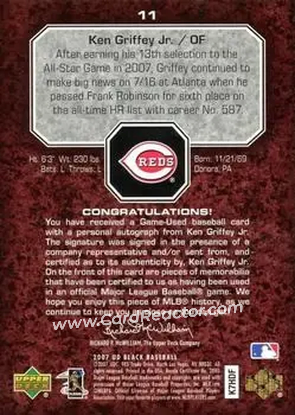 2007 UD Black #11 - Ken Griffey Jr. - Cincinnati Reds - Back
