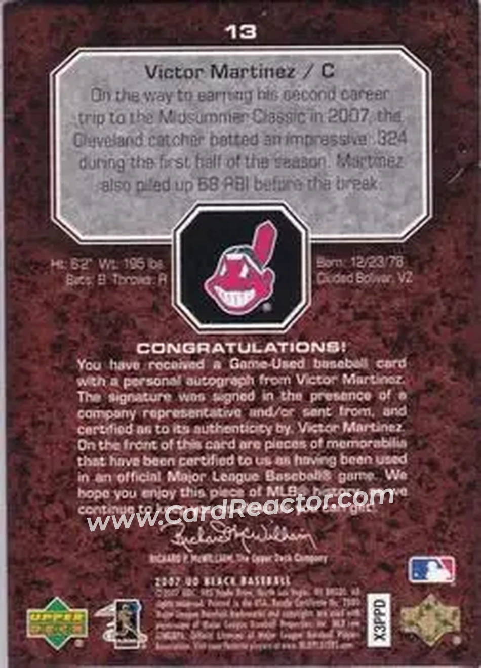 2007 UD Black #13 - Victor Martinez - Cleveland Indians - Back