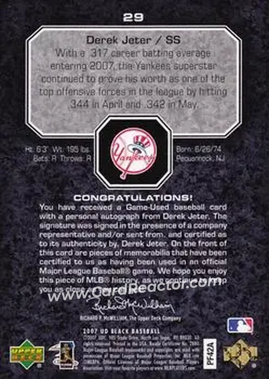 2007 UD Black #29 - Derek Jeter - New York Yankees - Back 2007 UD Black #29 - Derek Jeter - New York Yankees - Back