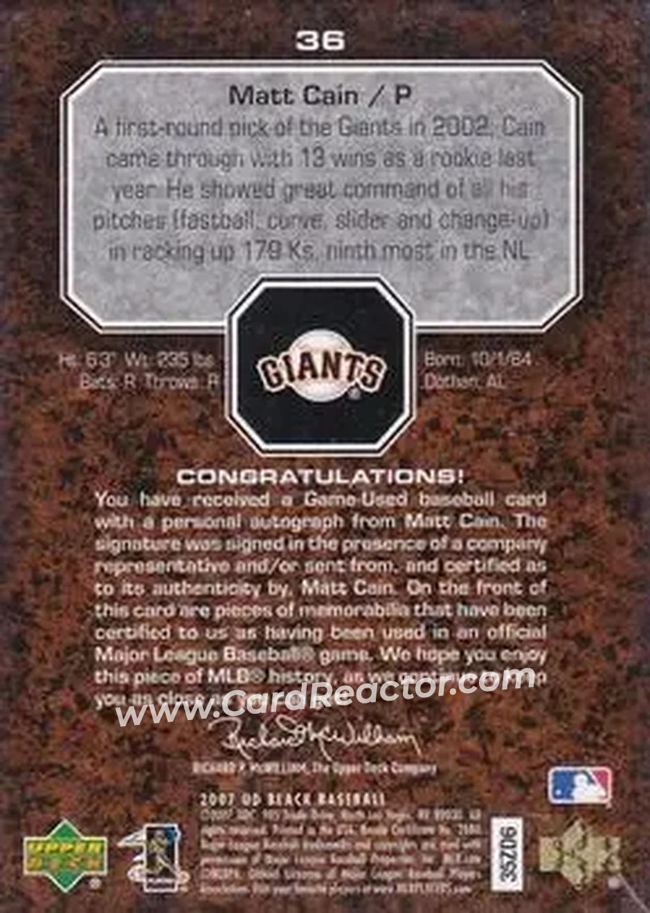 2007 UD Black #36 - Matt Cain - San Francisco Giants - Back