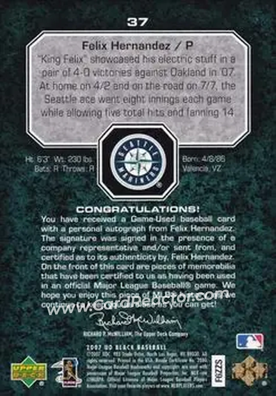 2007 UD Black #37 - Felix Hernandez - Seattle Mariners - Back 2007 UD Black #37 - Felix Hernandez - Seattle Mariners - Back