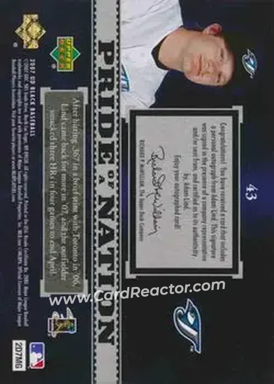 2007 UD Black #43 - Adam Lind - Toronto Blue Jays - Back 2007 UD Black #43 - Adam Lind - Toronto Blue Jays - Back