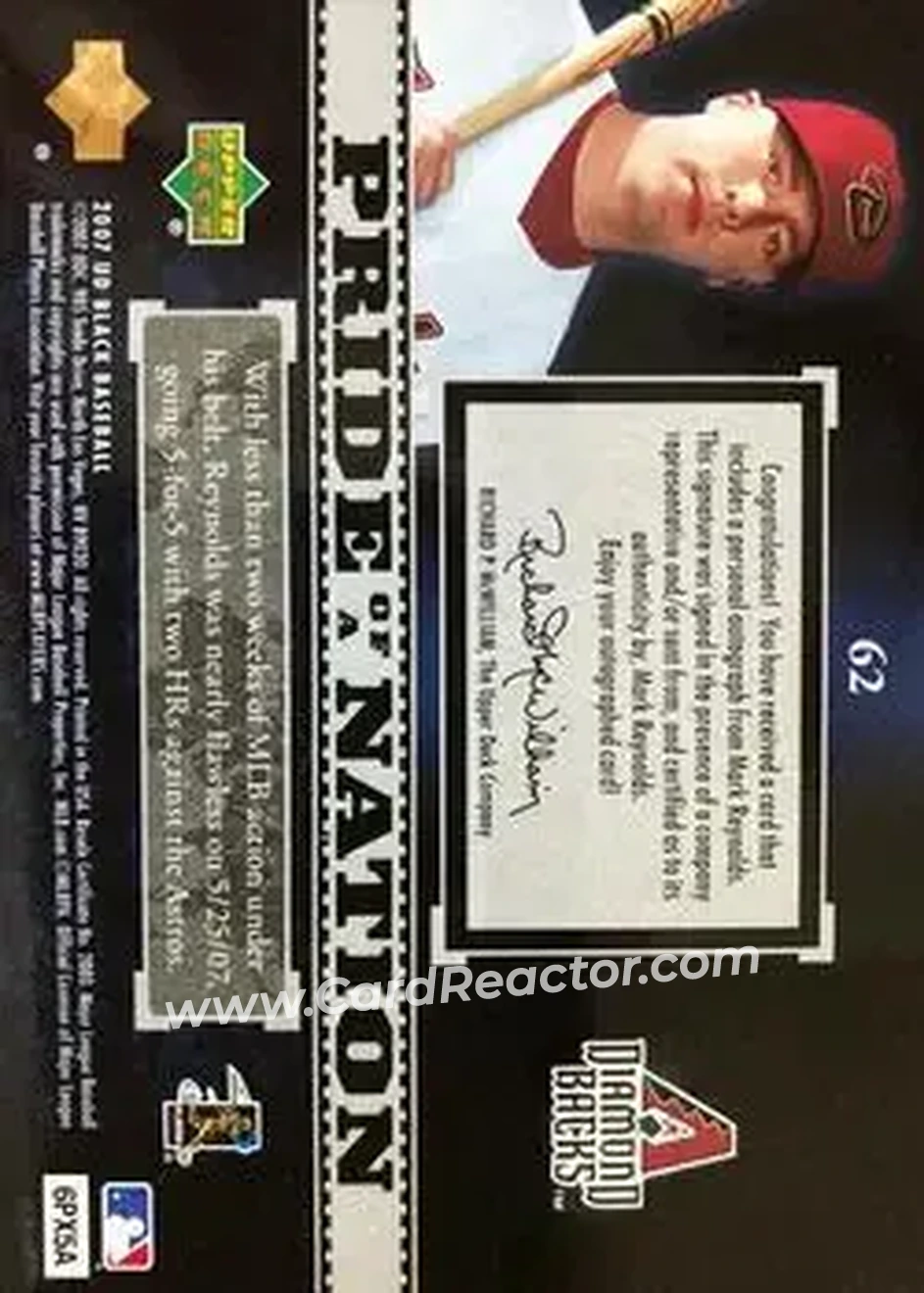 2007 UD Black #62 - Mark Reynolds - Arizona Diamondbacks - Back 2007 UD Black #62 - Mark Reynolds - Arizona Diamondbacks - Back