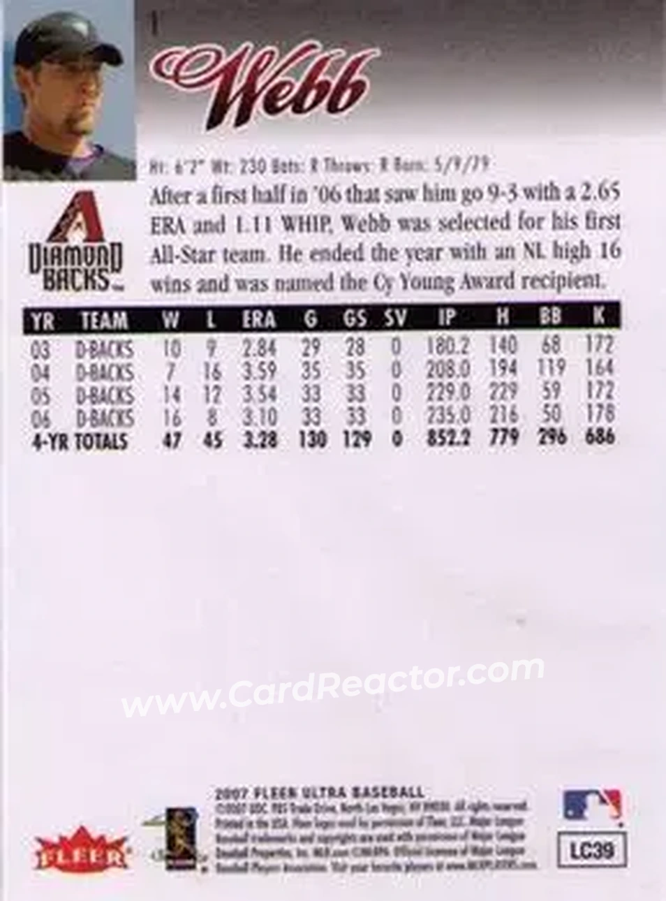 2007 Ultra #1 - Brandon Webb - Arizona Diamondbacks - Back 2007 Ultra #1 - Brandon Webb - Arizona Diamondbacks - Back