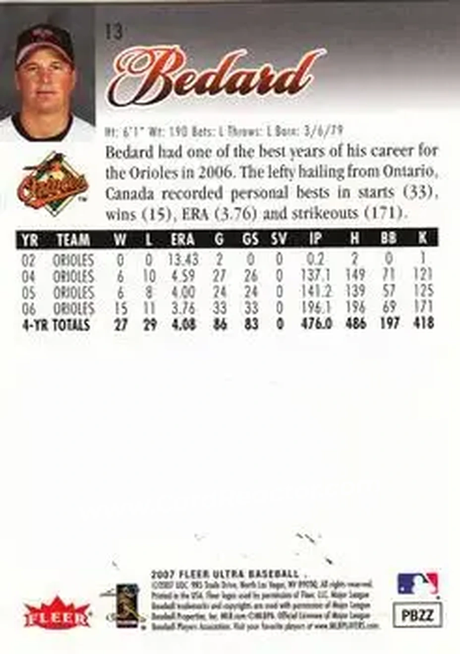 2007 Ultra #13 - Erik Bedard - Baltimore Orioles - Back