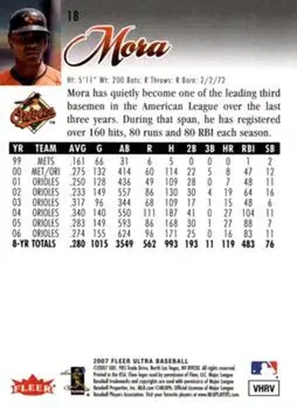 2007 Ultra #18 - Melvin Mora - Baltimore Orioles - Back