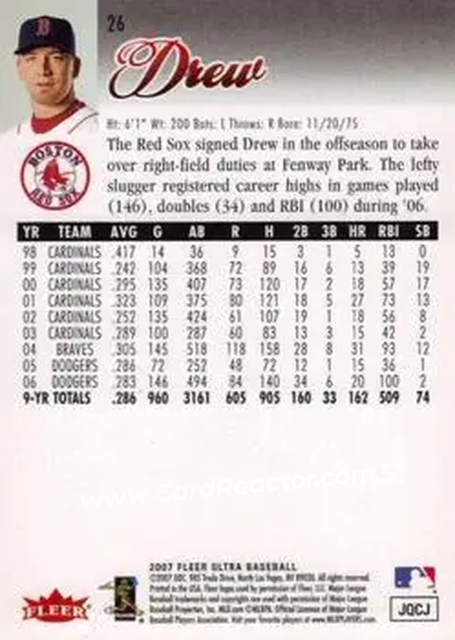 2007 Ultra #26 - J.D. Drew - Boston Red Sox - Back