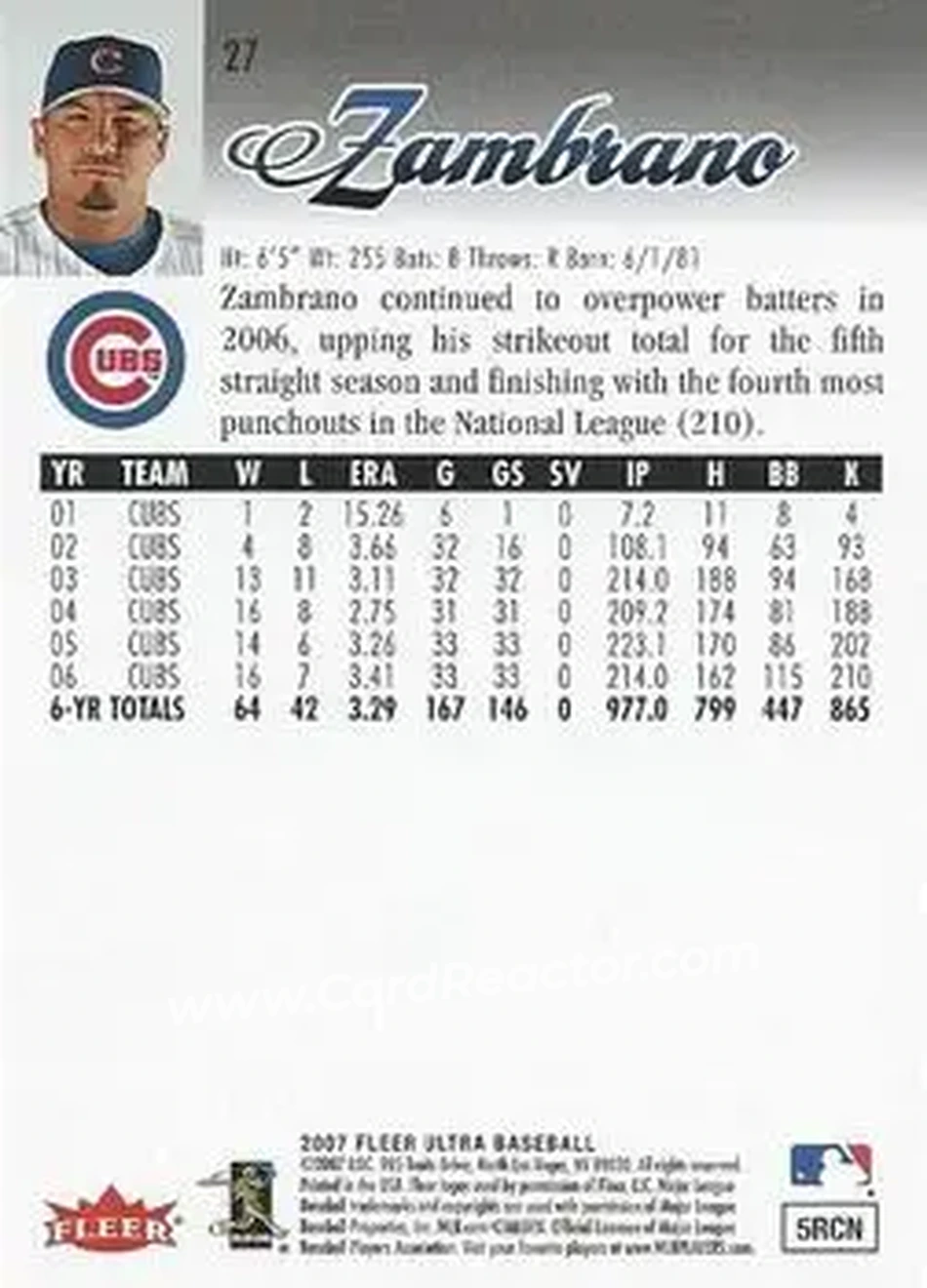 2007 Ultra #27 - Carlos Zambrano - Chicago Cubs - Back 2007 Ultra #27 - Carlos Zambrano - Chicago Cubs - Back