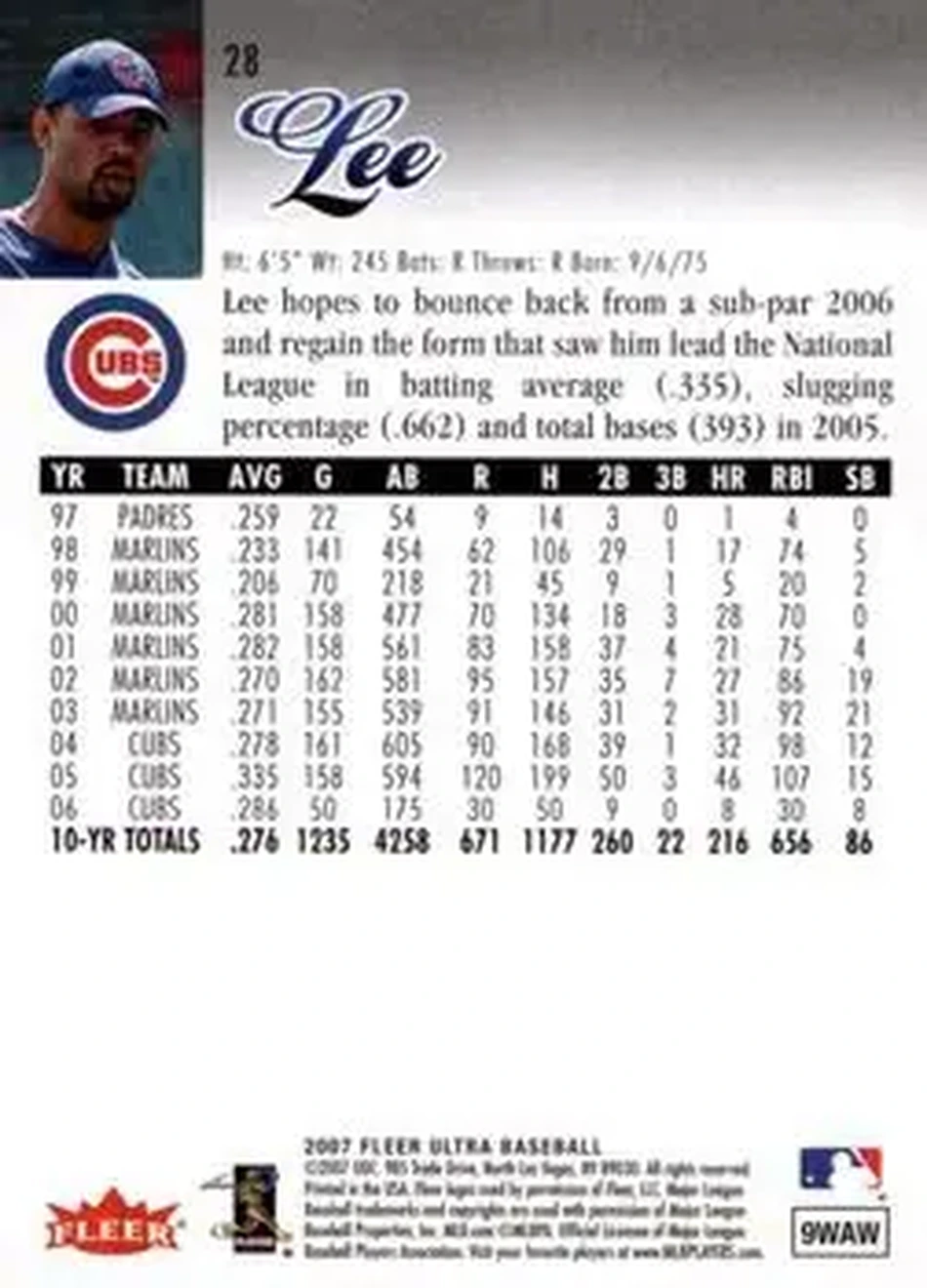 2007 Ultra #28 - Derrek Lee - Chicago Cubs - Back 2007 Ultra #28 - Derrek Lee - Chicago Cubs - Back