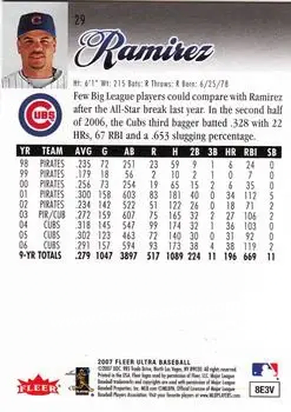 2007 Ultra #29 - Aramis Ramirez - Chicago Cubs - Back