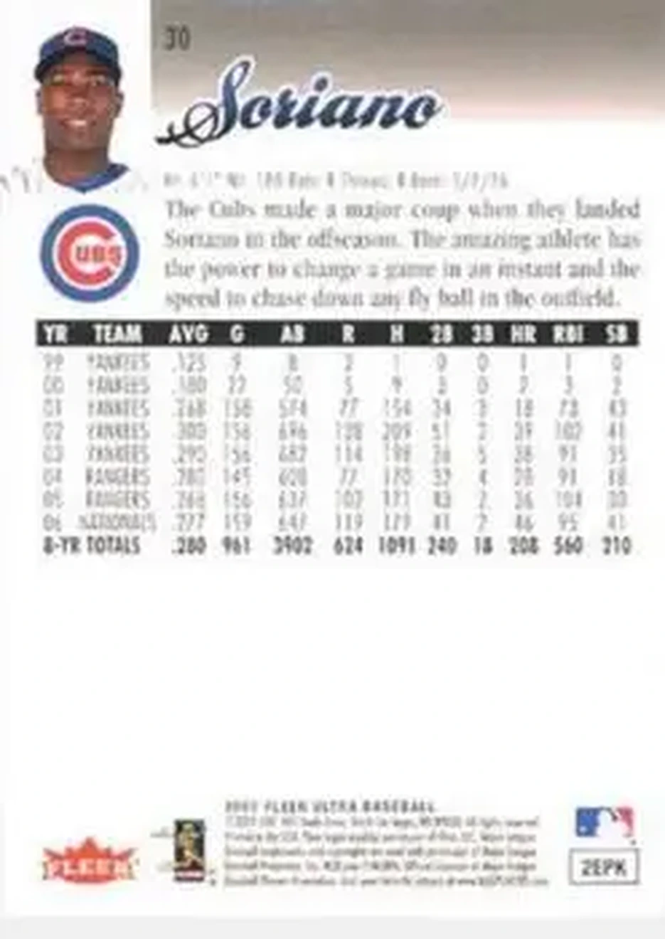 2007 Ultra #30 - Alfonso Soriano - Chicago Cubs - Back
