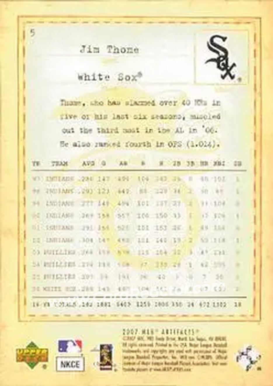 2007 Upper Deck Artifacts #5 - Jim Thome - Chicago White Sox - Back 2007 Upper Deck Artifacts #5 - Jim Thome - Chicago White Sox - Back