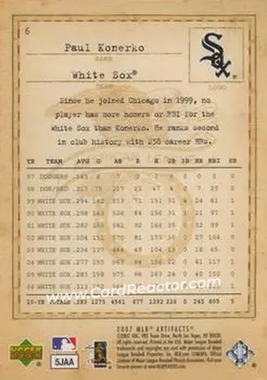 2007 Upper Deck Artifacts #6 - Paul Konerko - Chicago White Sox - Back 2007 Upper Deck Artifacts #6 - Paul Konerko - Chicago White Sox - Back