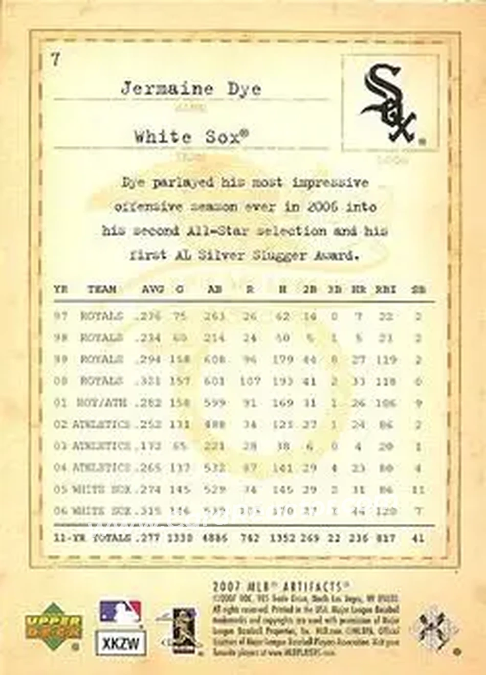 2007 Upper Deck Artifacts #7 - Jermaine Dye - Chicago White Sox - Back 2007 Upper Deck Artifacts #7 - Jermaine Dye - Chicago White Sox - Back