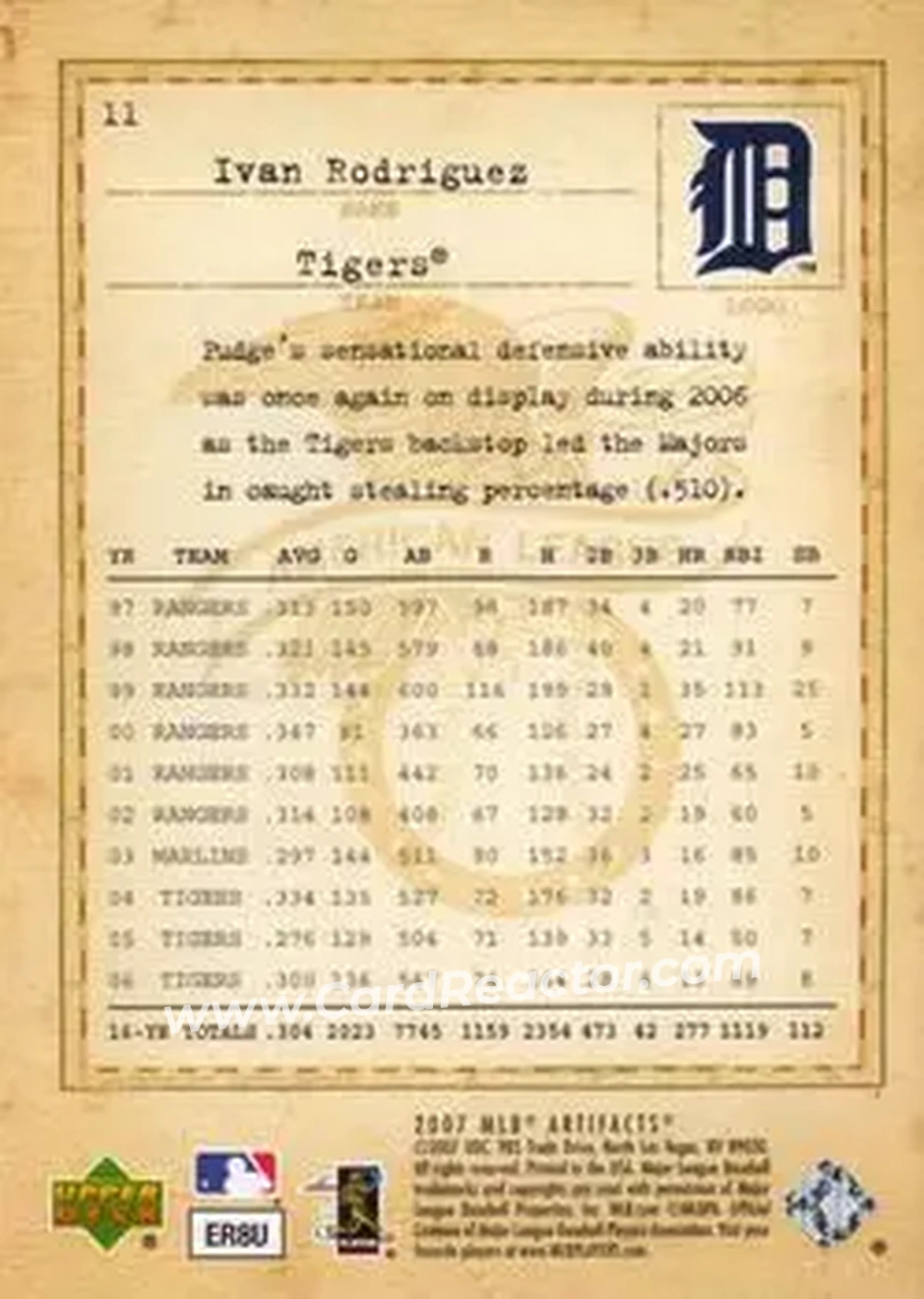 2007 Upper Deck Artifacts #11 - Ivan Rodriguez - Detroit Tigers - Back 2007 Upper Deck Artifacts #11 - Ivan Rodriguez - Detroit Tigers - Back