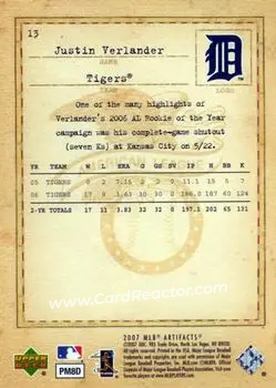 2007 Upper Deck Artifacts #13 - Justin Verlander - Detroit Tigers - Back 2007 Upper Deck Artifacts #13 - Justin Verlander - Detroit Tigers - Back