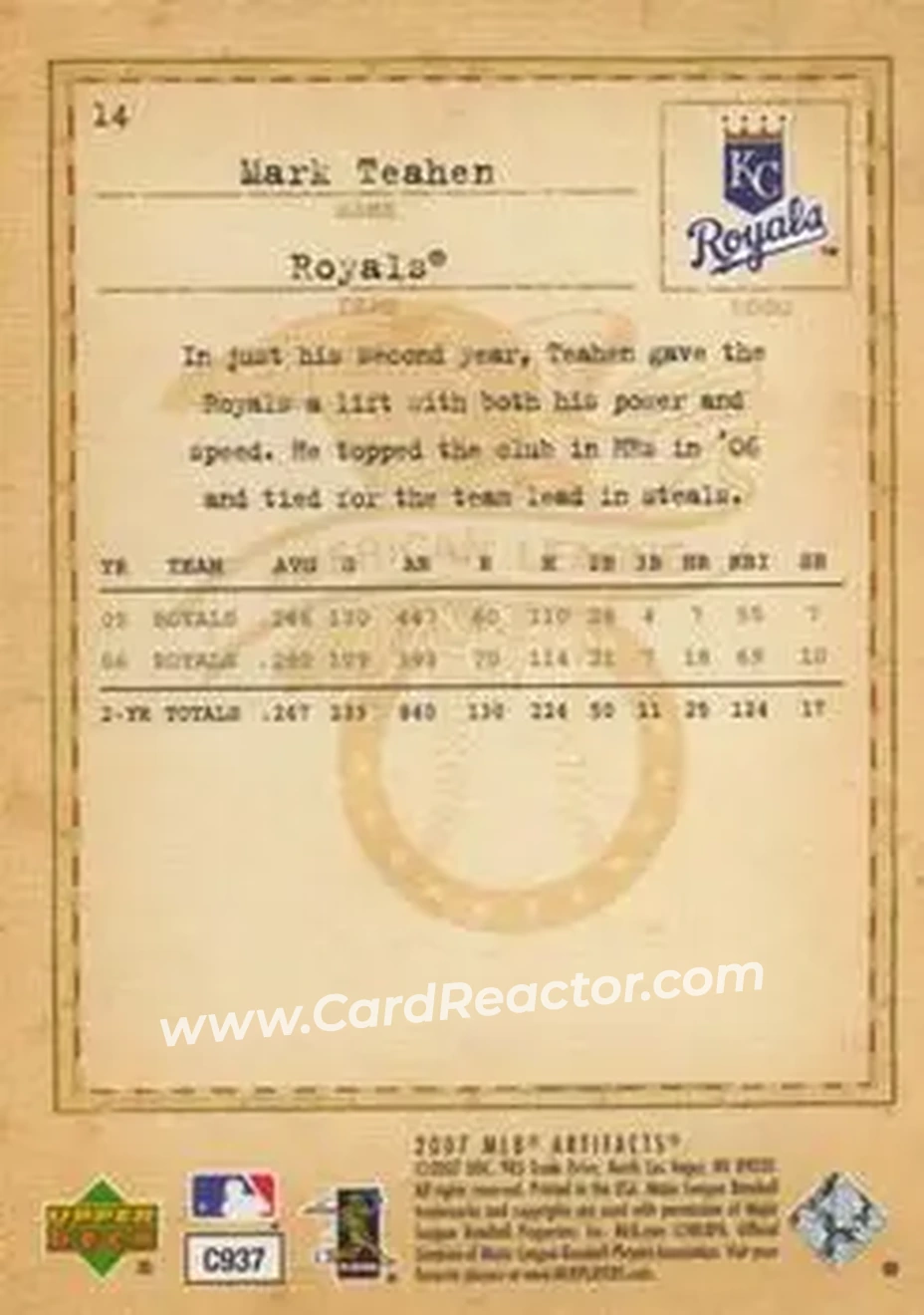 2007 Upper Deck Artifacts #14 - Mark Teahen - Kansas City Royals - Back 2007 Upper Deck Artifacts #14 - Mark Teahen - Kansas City Royals - Back