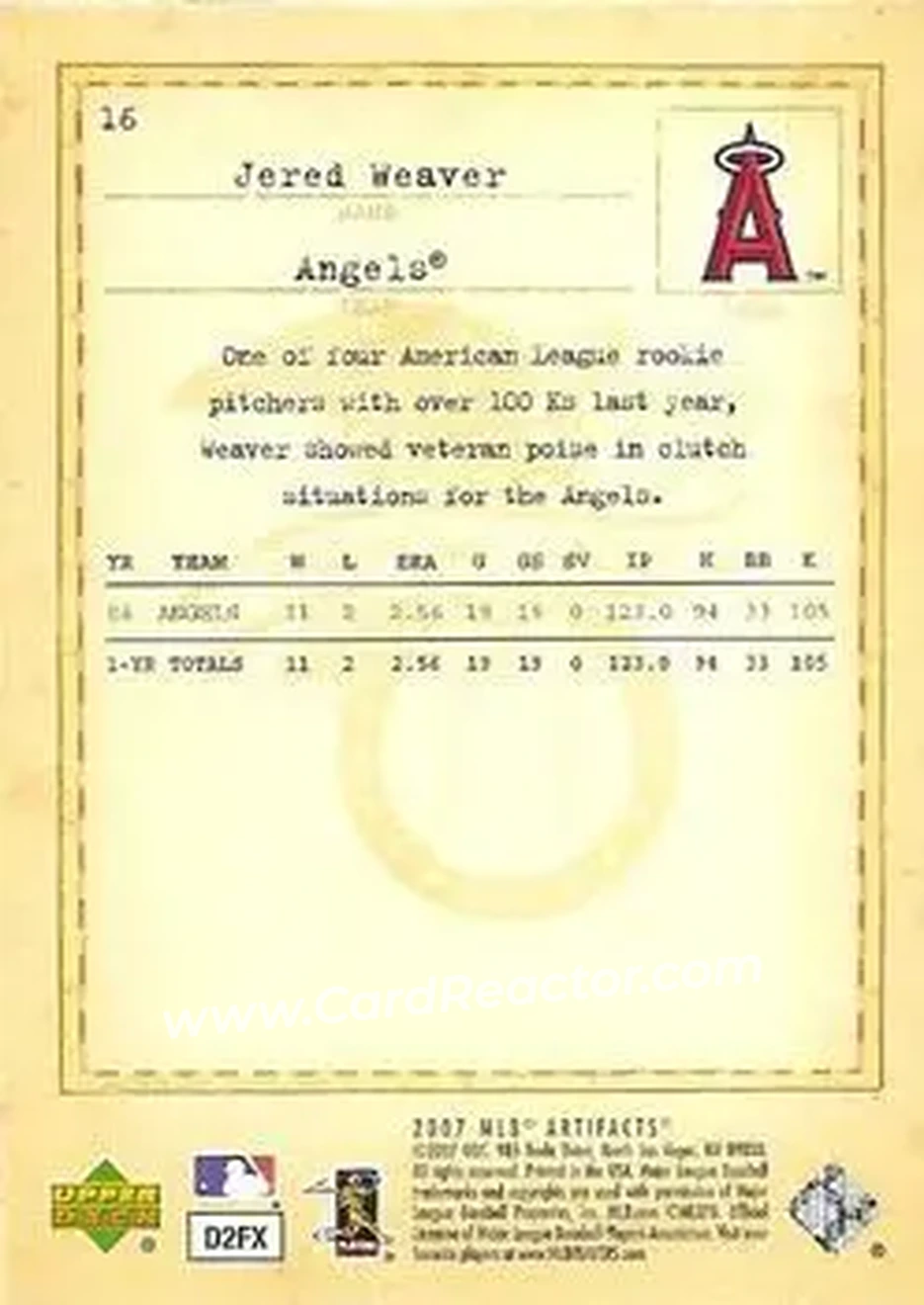 2007 Upper Deck Artifacts #16 - Jered Weaver - Los Angeles Angels - Back 2007 Upper Deck Artifacts #16 - Jered Weaver - Los Angeles Angels - Back