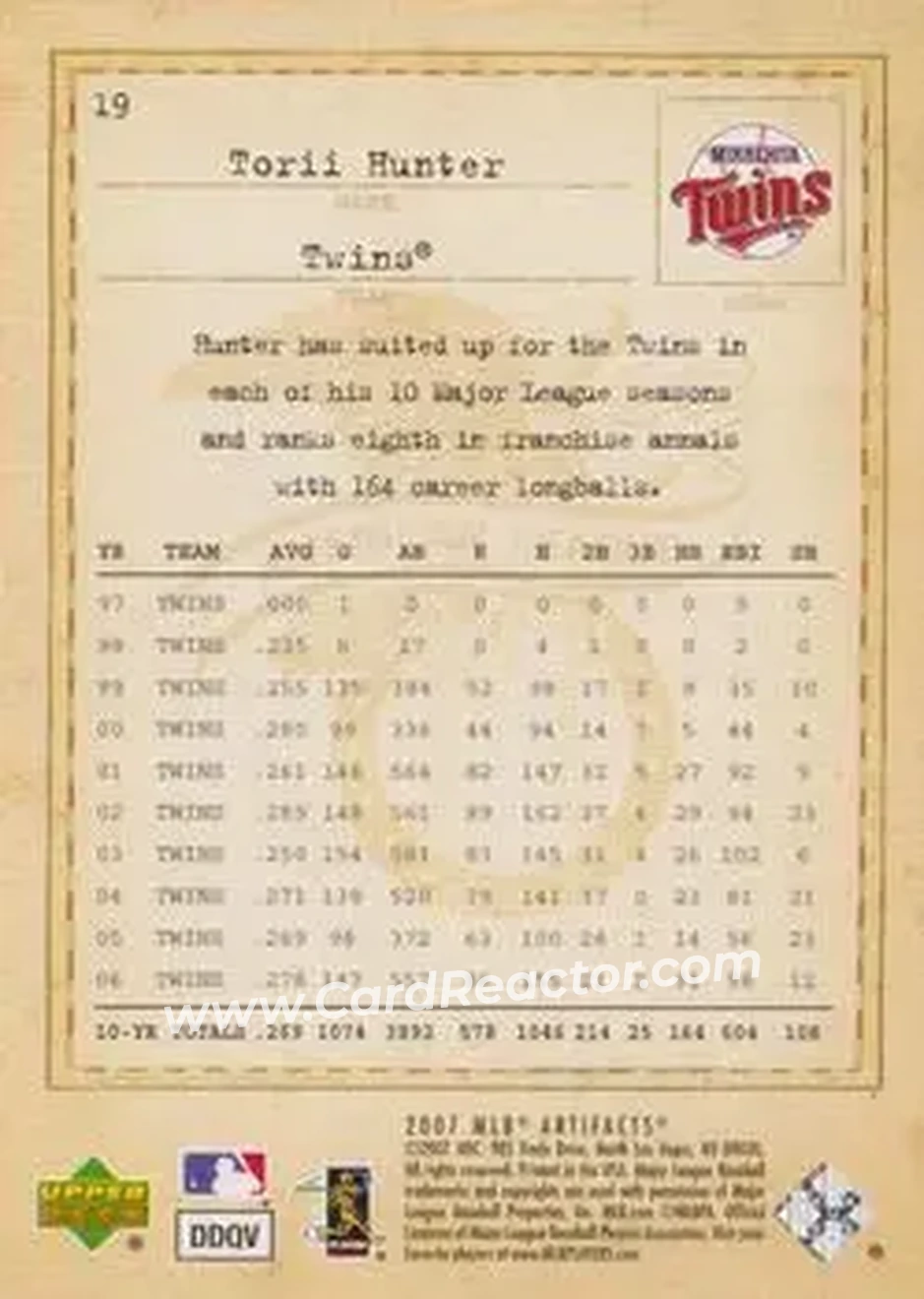 2007 Upper Deck Artifacts #19 - Torii Hunter - Minnesota Twins - Back 2007 Upper Deck Artifacts #19 - Torii Hunter - Minnesota Twins - Back