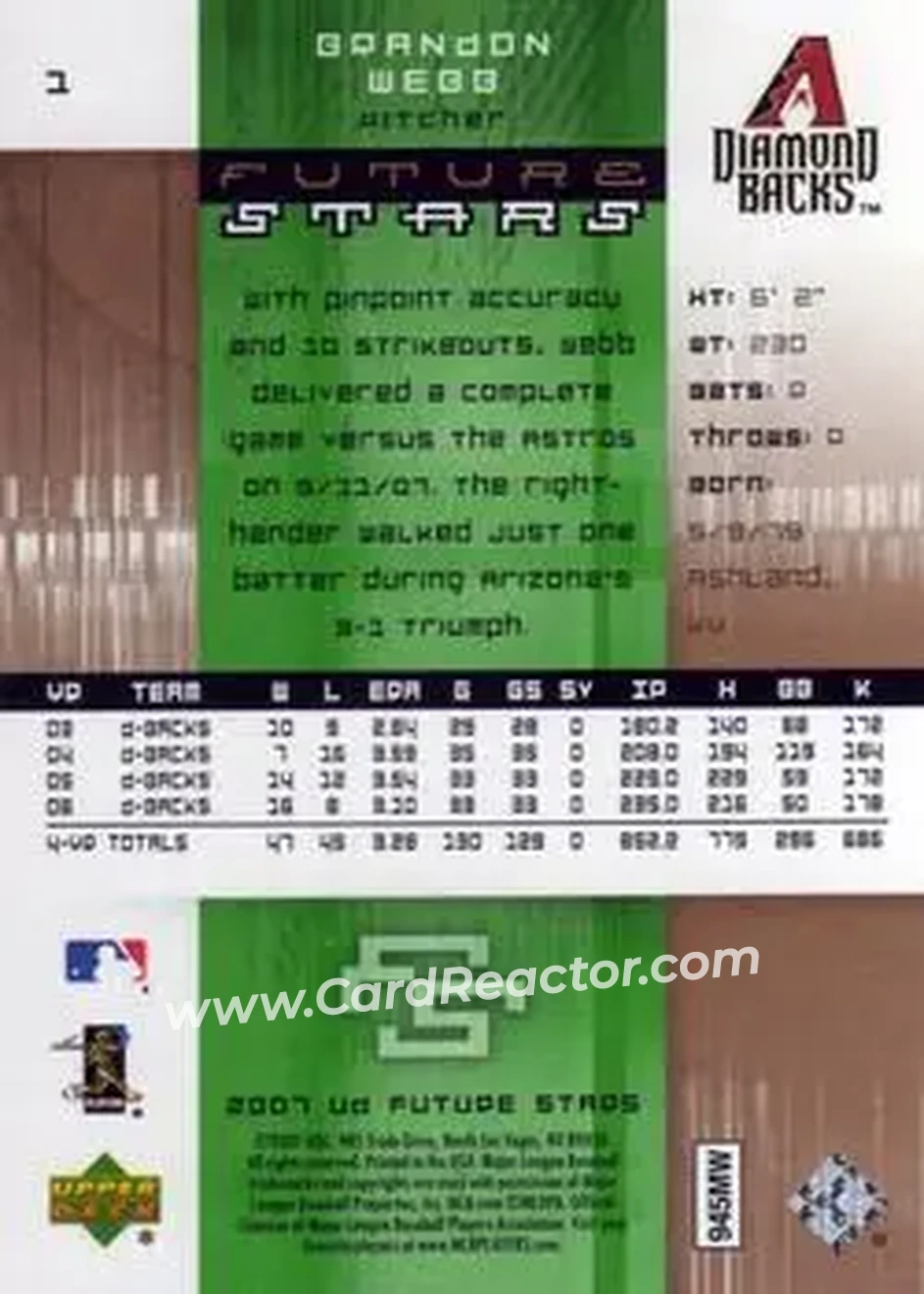 2007 Upper Deck Future Stars #1 - Brandon Webb - Arizona Diamondbacks - Back 2007 Upper Deck Future Stars #1 - Brandon Webb - Arizona Diamondbacks - Back