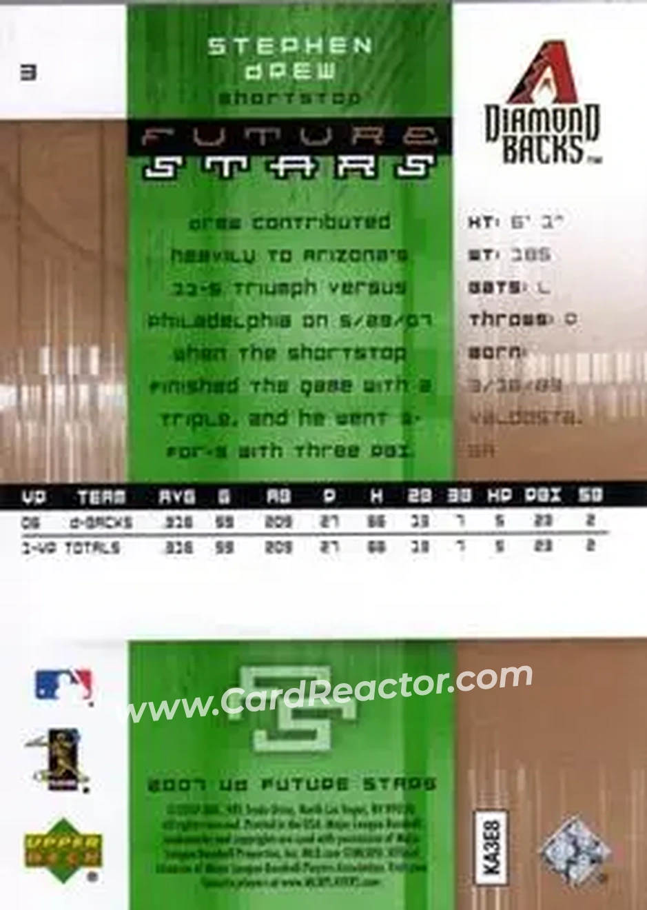 2007 Upper Deck Future Stars #3 - Stephen Drew - Arizona Diamondbacks - Back 2007 Upper Deck Future Stars #3 - Stephen Drew - Arizona Diamondbacks - Back