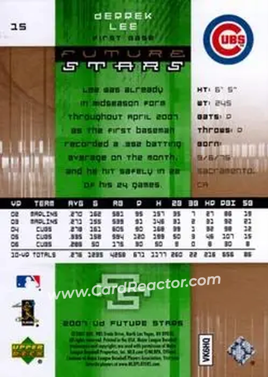 2007 Upper Deck Future Stars #15 - Derrek Lee - Chicago Cubs - Back