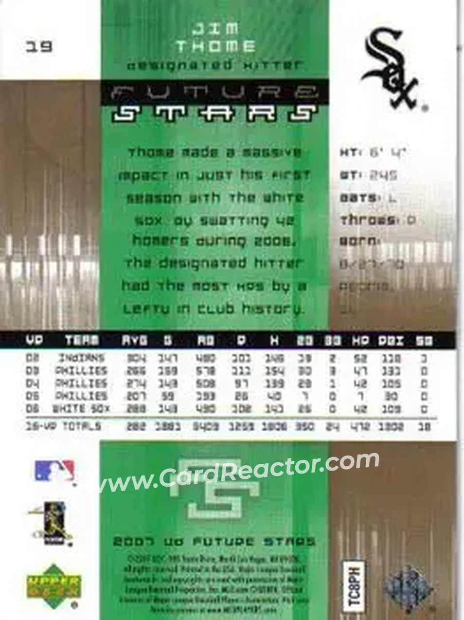 2007 Upper Deck Future Stars #19 - Jim Thome - Chicago White Sox - Back