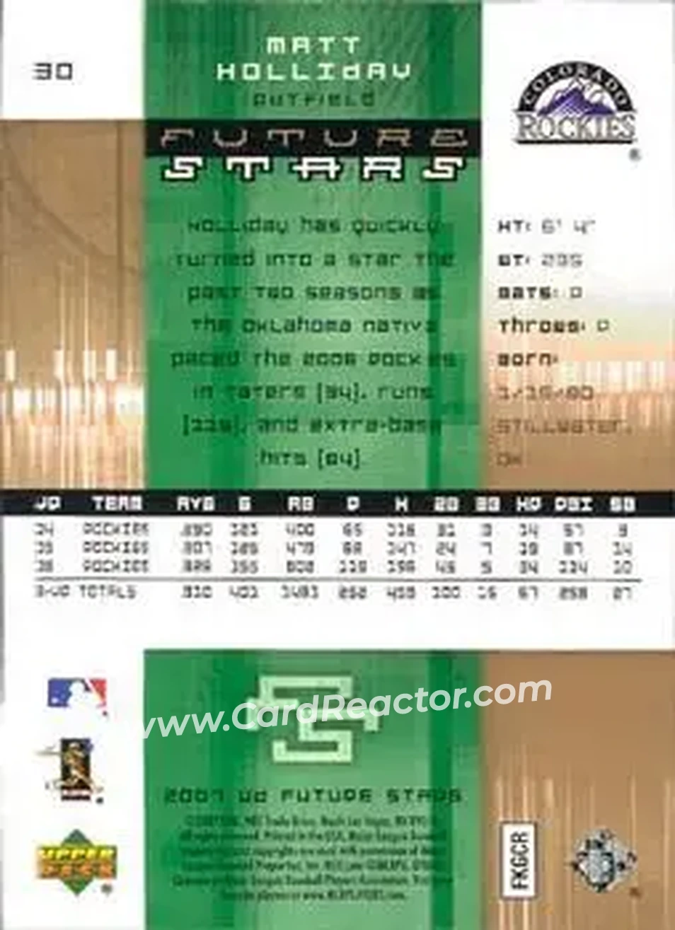 2007 Upper Deck Future Stars #30 - Matt Holliday - Colorado Rockies - Back 2007 Upper Deck Future Stars #30 - Matt Holliday - Colorado Rockies - Back