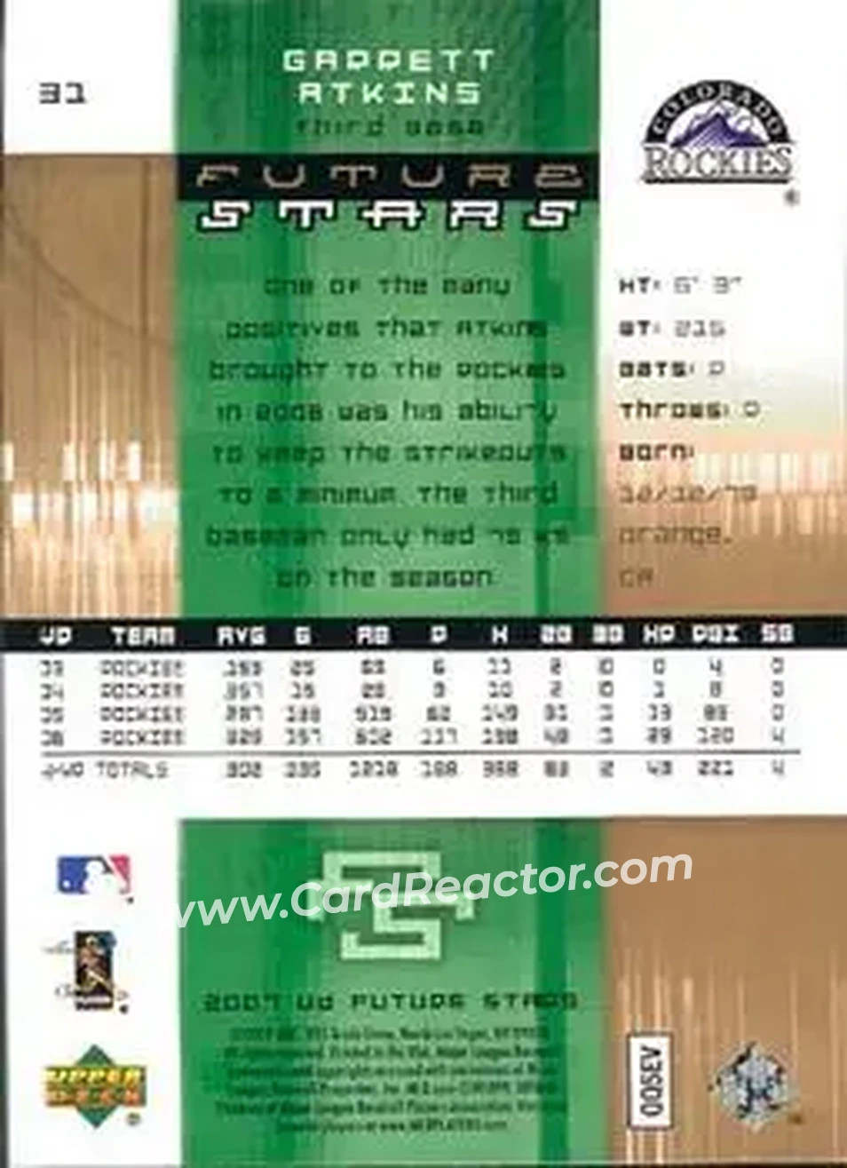 2007 Upper Deck Future Stars #31 - Garrett Atkins - Colorado Rockies - Back 2007 Upper Deck Future Stars #31 - Garrett Atkins - Colorado Rockies - Back
