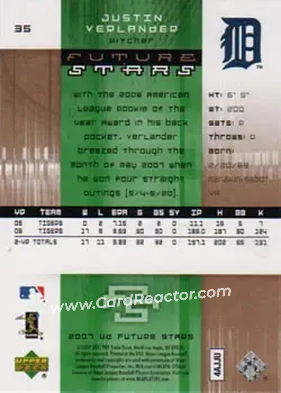 2007 Upper Deck Future Stars #35 - Justin Verlander - Detroit Tigers - Back
