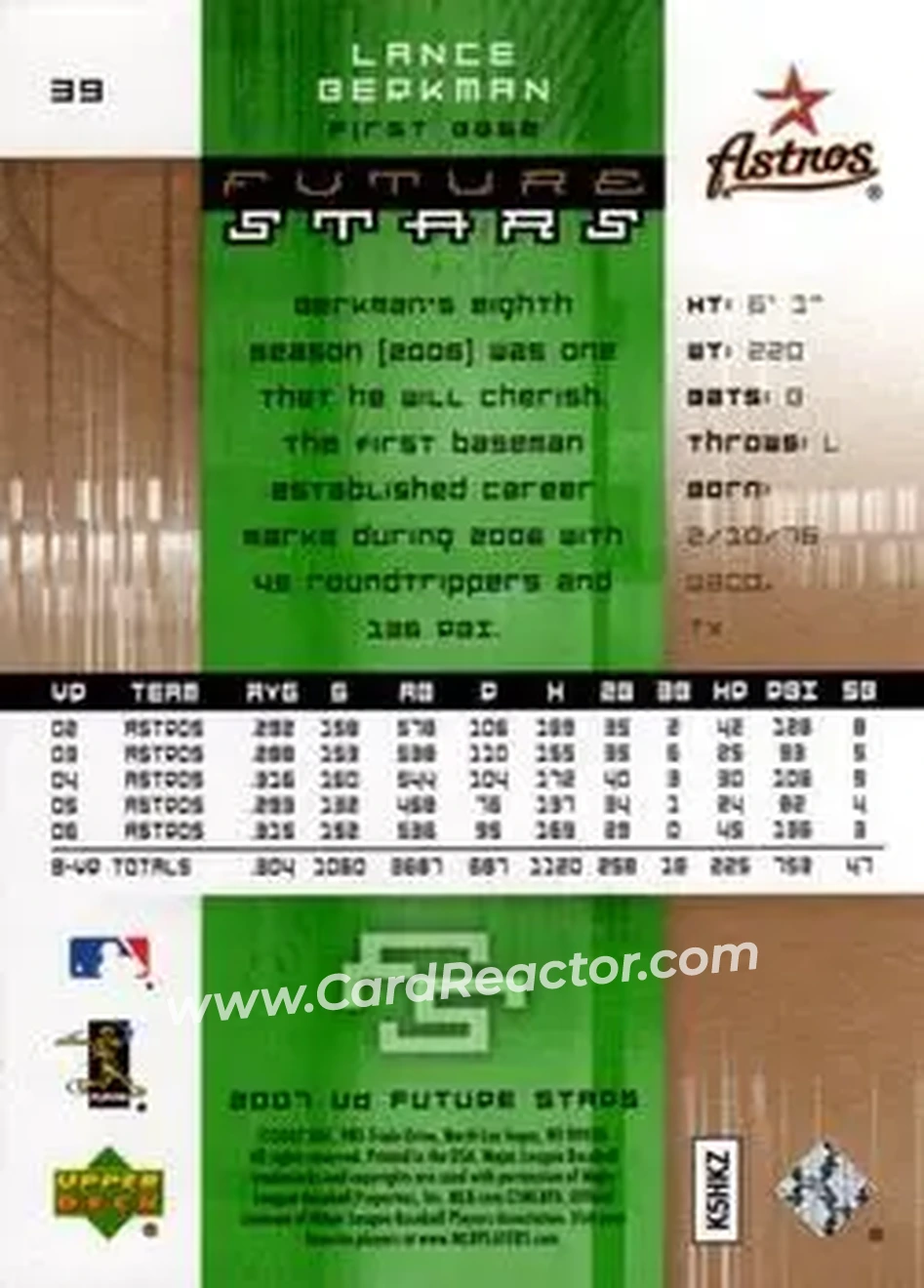 2007 Upper Deck Future Stars #39 - Lance Berkman - Houston Astros - Back 2007 Upper Deck Future Stars #39 - Lance Berkman - Houston Astros - Back