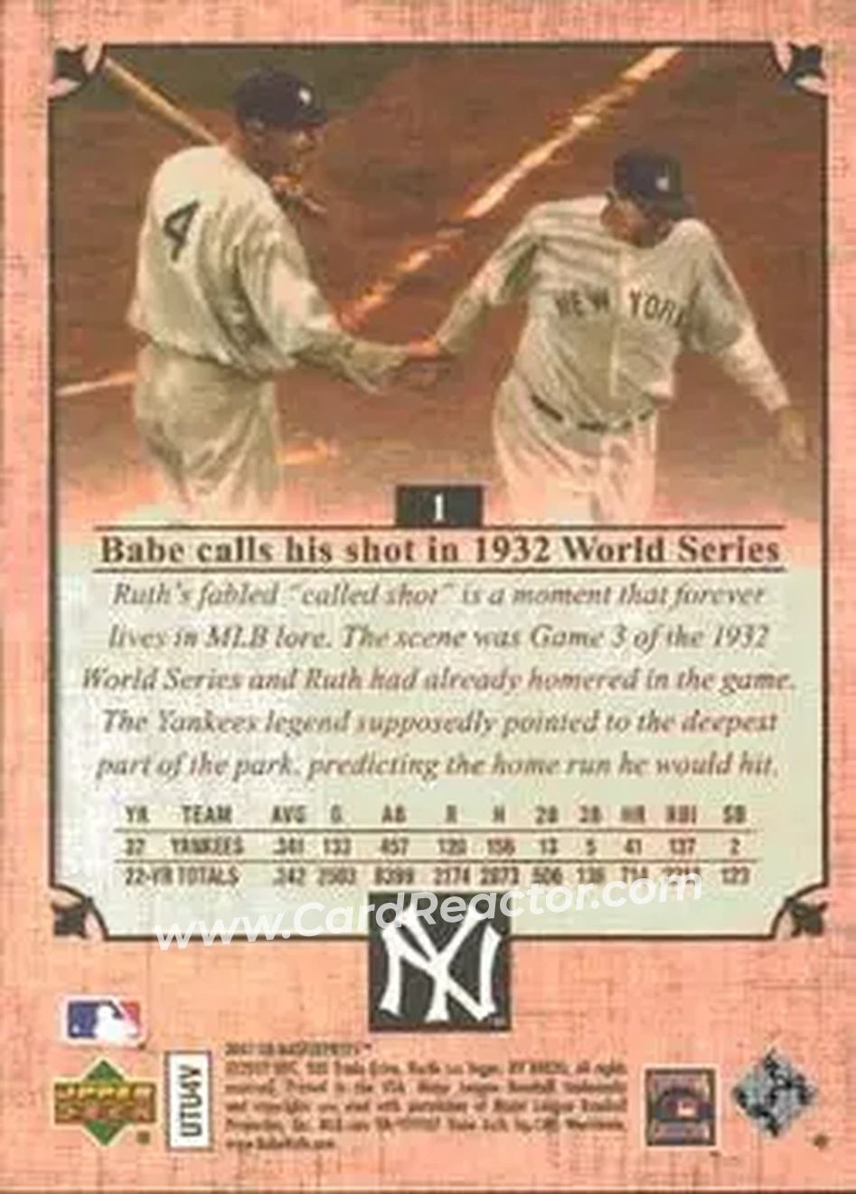 2007 Upper Deck Masterpieces #1 - Babe Ruth - New York Yankees - Back
