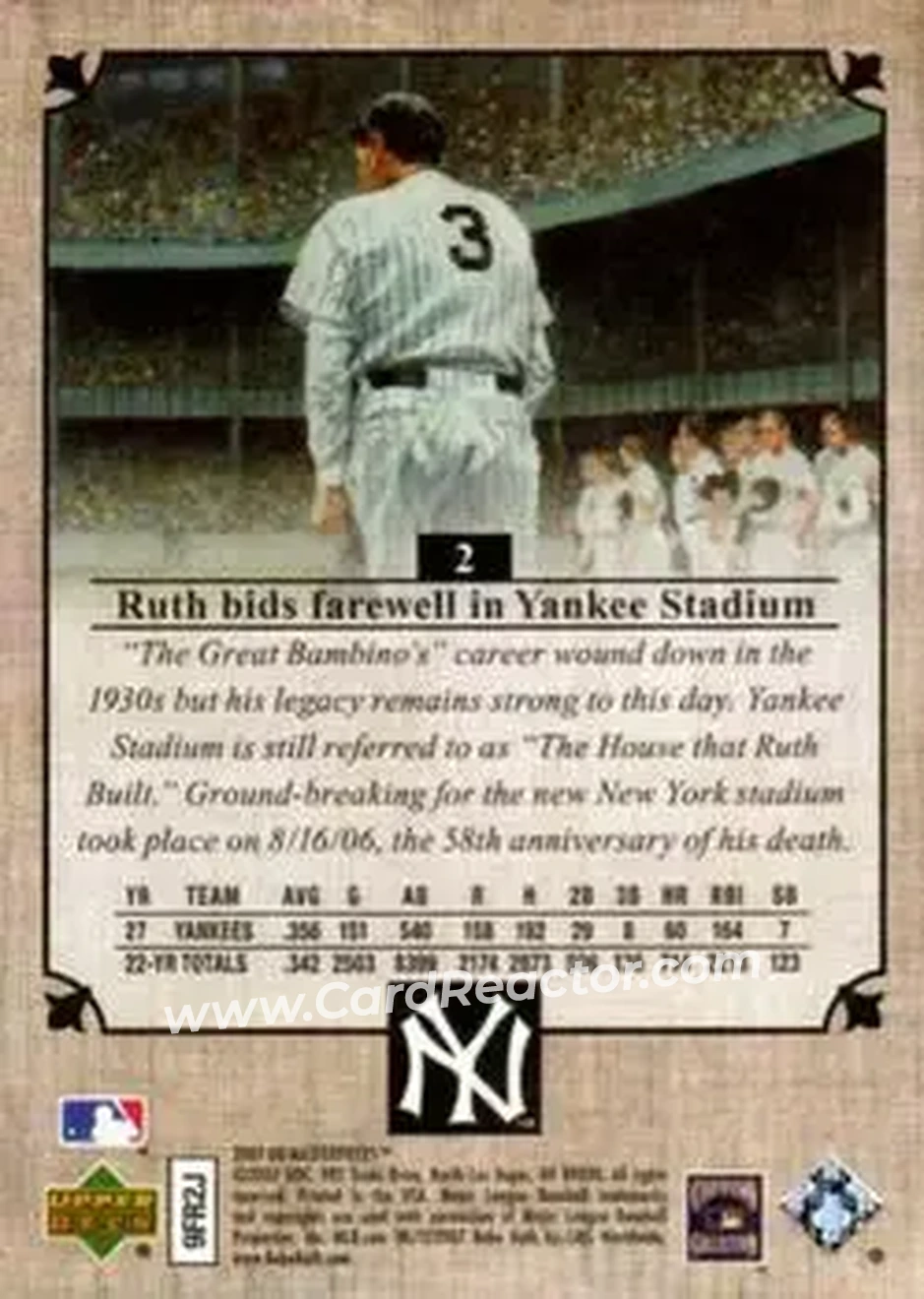 2007 Upper Deck Masterpieces #2 - Babe Ruth - New York Yankees - Back