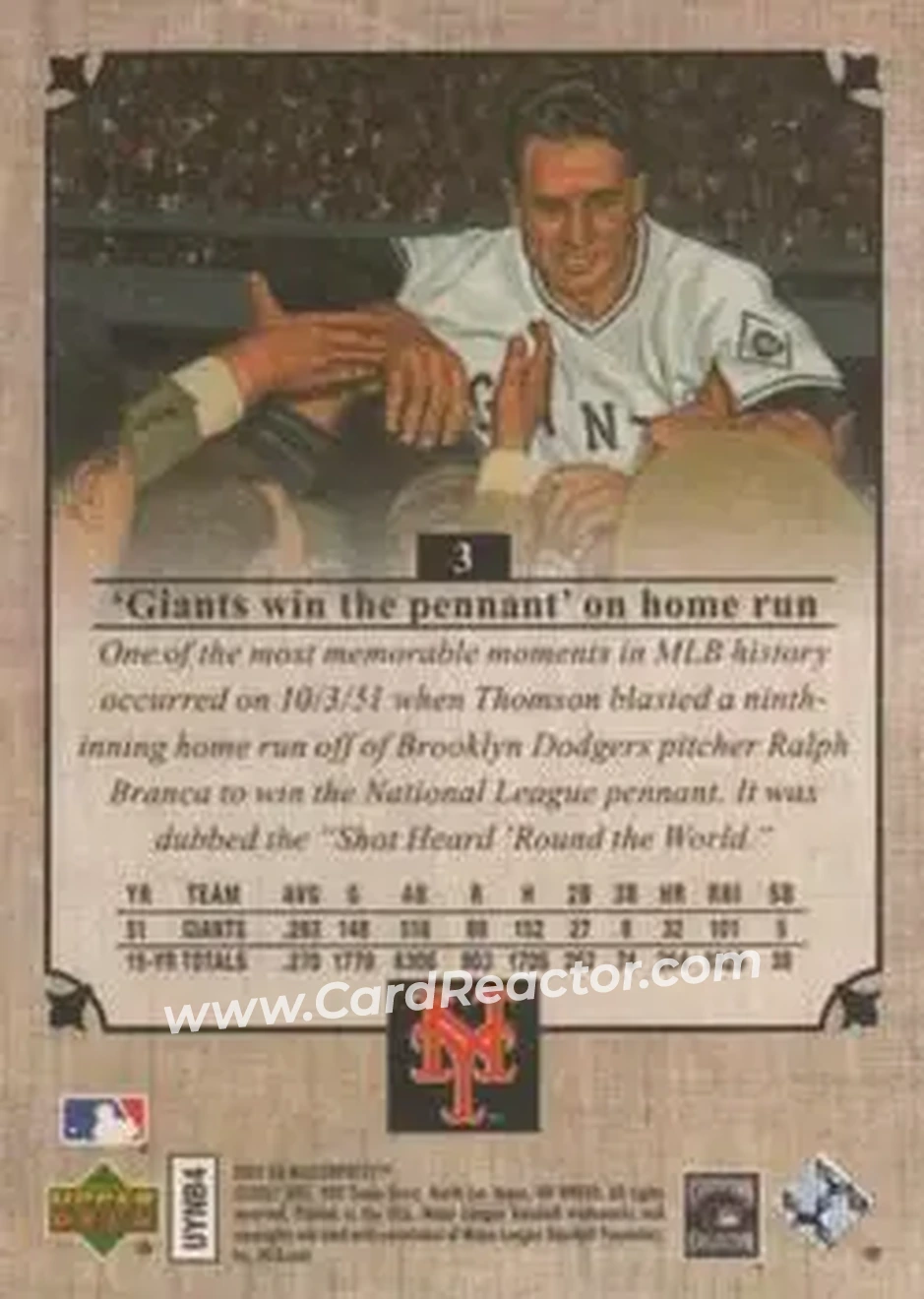 2007 Upper Deck Masterpieces #3 - Bobby Thomson - New York Giants - Back