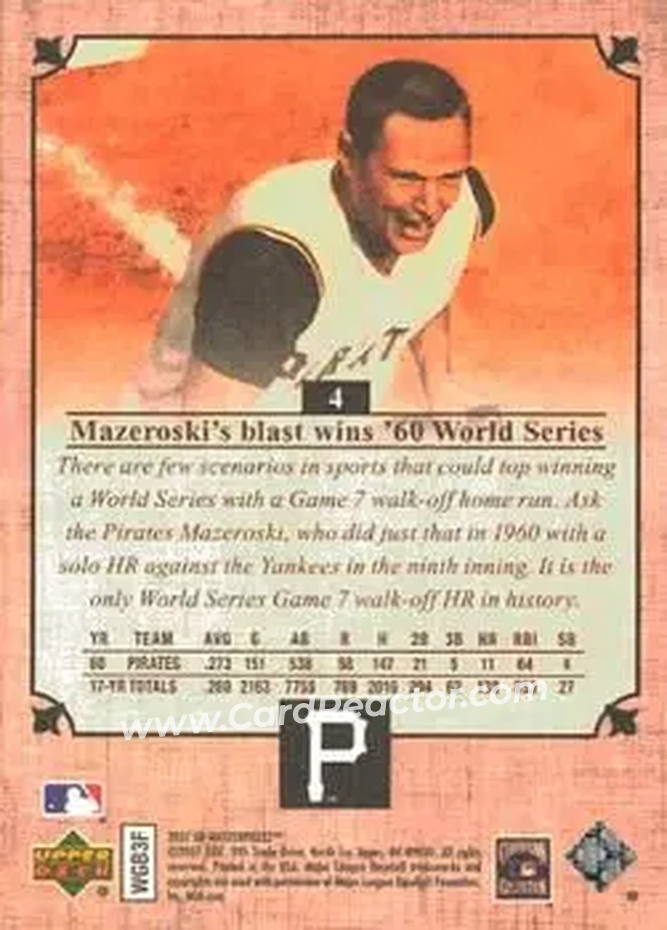 2007 Upper Deck Masterpieces #4 - Bill Mazeroski - Pittsburgh Pirates - Back