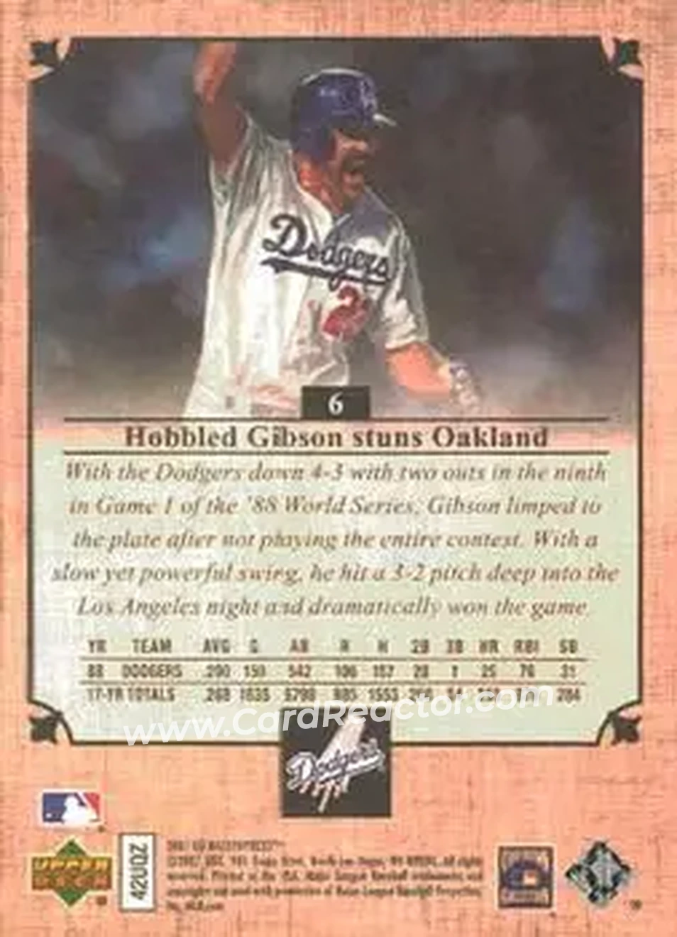 2007 Upper Deck Masterpieces #6 - Kirk Gibson - Los Angeles Dodgers - Back