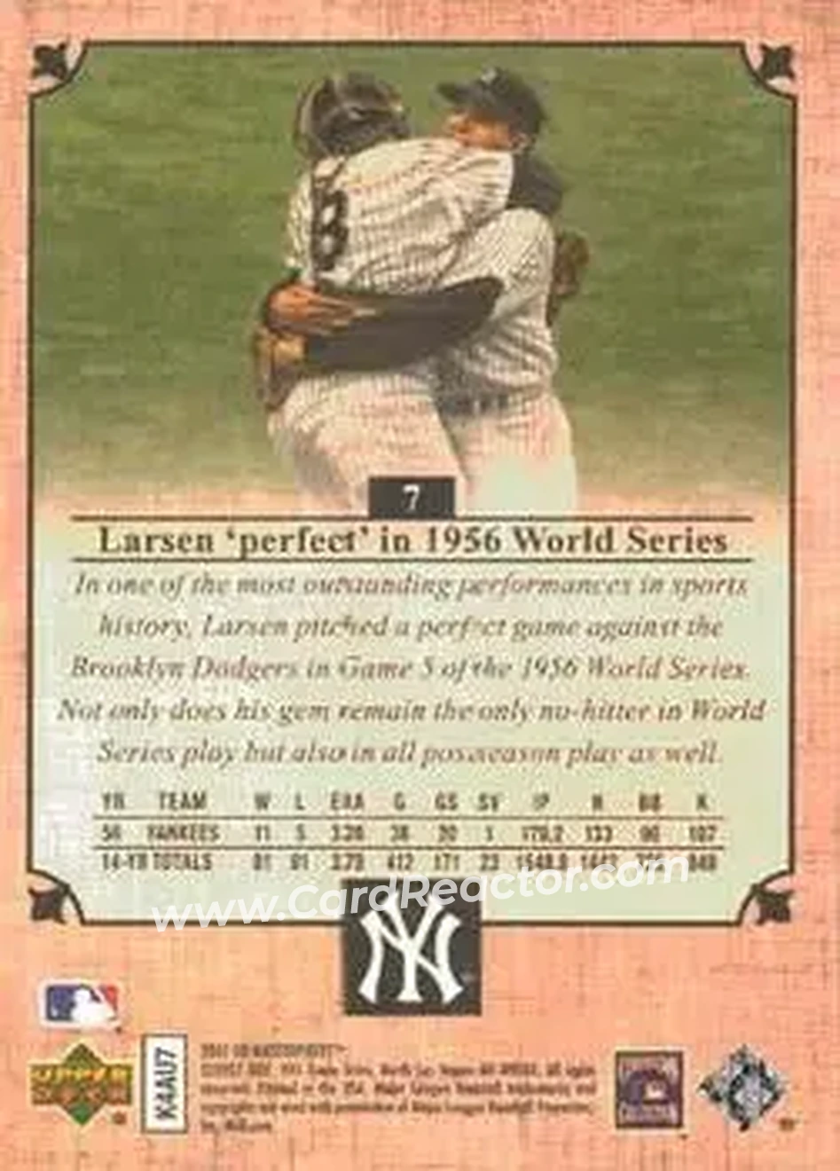 2007 Upper Deck Masterpieces #7 - Don Larsen - New York Yankees - Back
