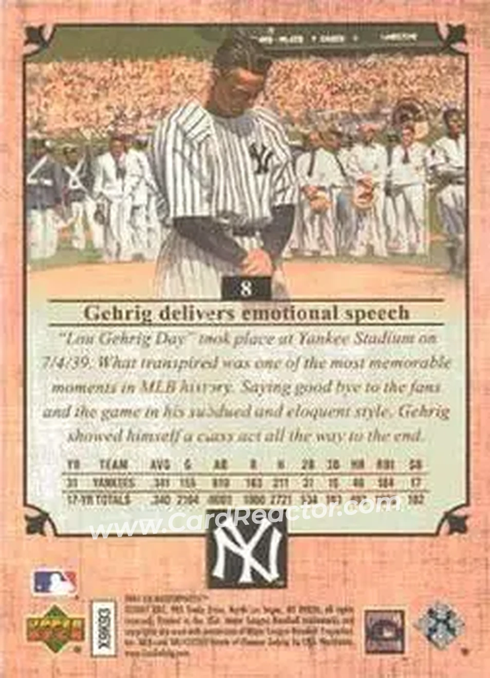 2007 Upper Deck Masterpieces #8 - Lou Gehrig - New York Yankees - Back