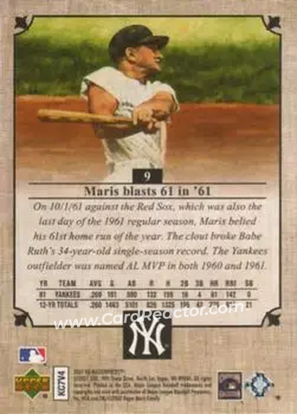 2007 Upper Deck Masterpieces #9 - Roger Maris - New York Yankees - Back 2007 Upper Deck Masterpieces #9 - Roger Maris - New York Yankees - Back
